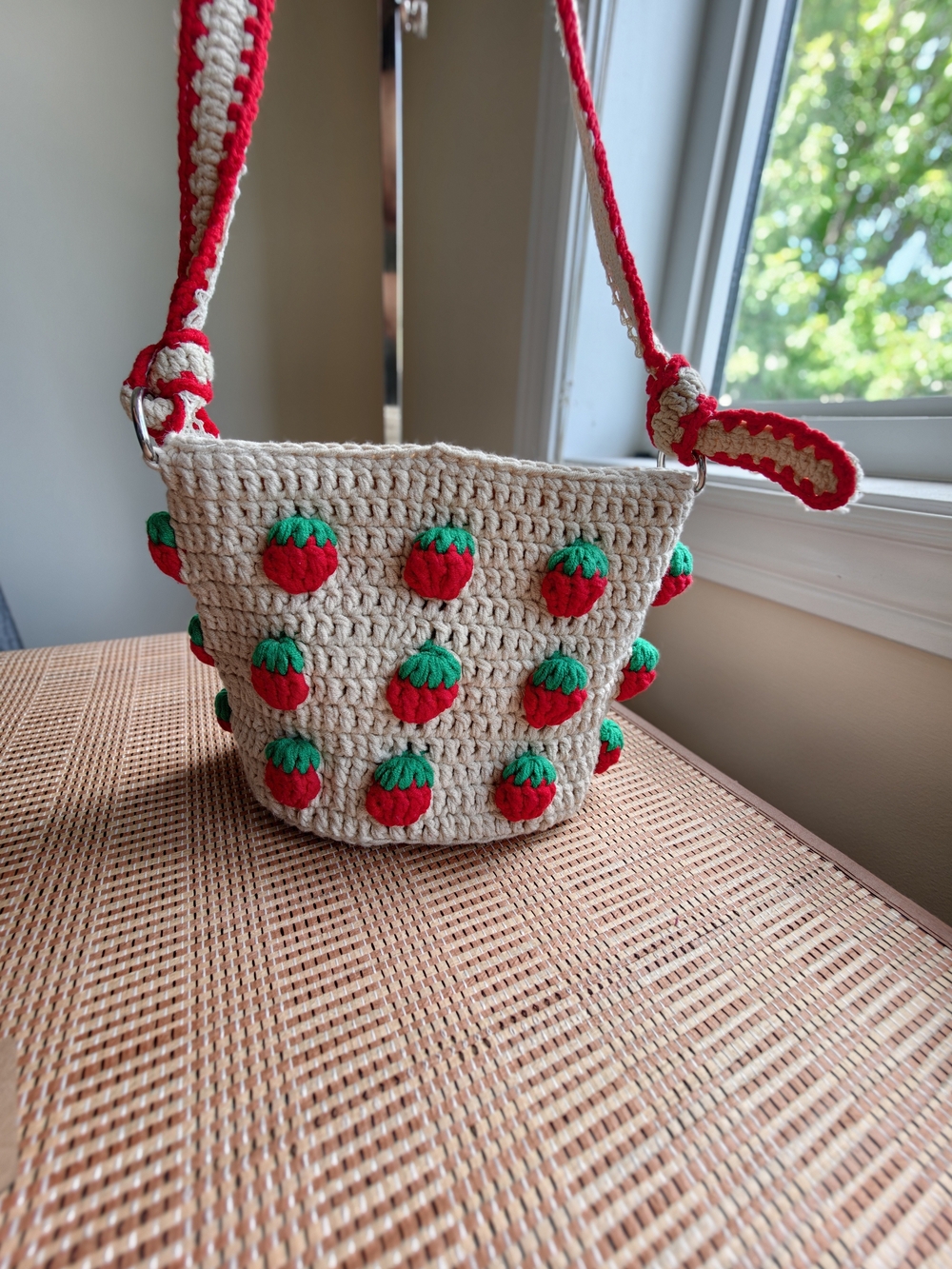Handmade Cream Crochet Strawberry Crossbody Bag with Red Strap, Boho Tote Bag - Picture 5 of 14